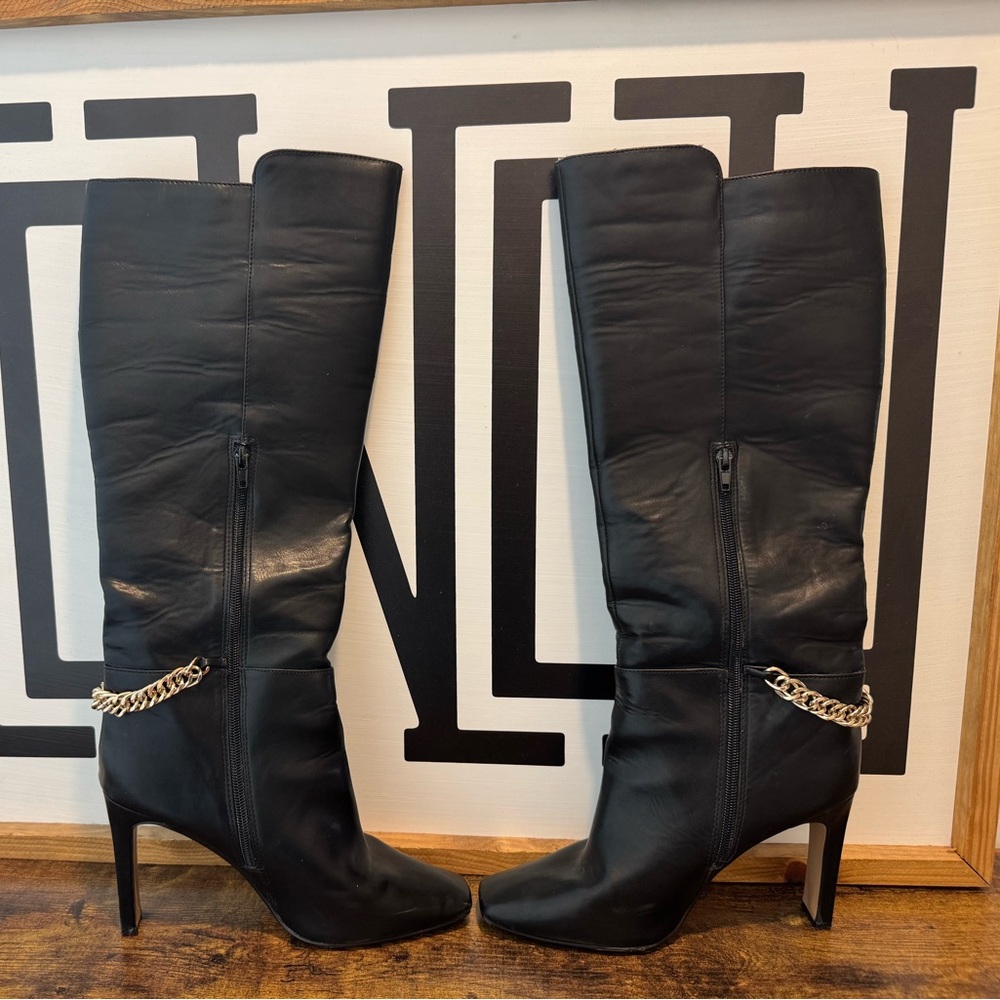 Express Black Heeled Boots with Chain Accent